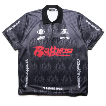 A Bathing Ape Flame Pattern Half Zip Polo Shirt - Black