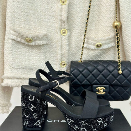 CHANEL Rhinestone Chunky Sandals Heels