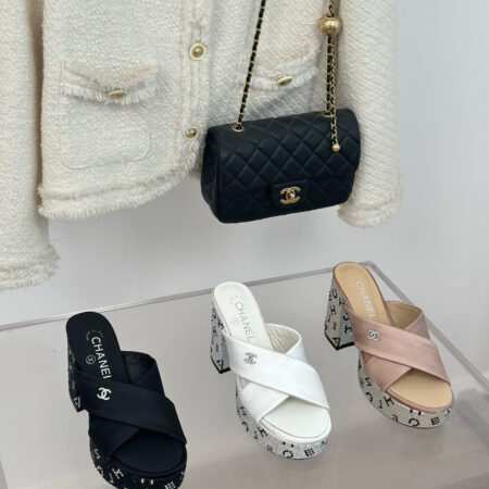 CHANEL Rhinestone cross platform slippers